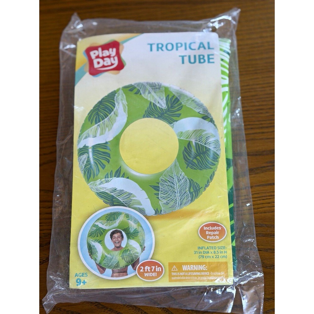 Play Day Tropical Tube 31 in Inflatable Swim Tube Ring Green Leaf Print, Age 9+
